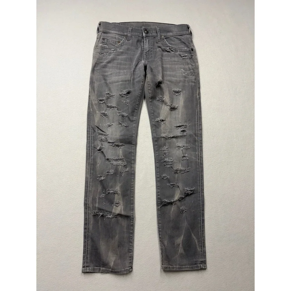 True Religion Jeans Mens 30 Gray Geno Slim Distressed Ripped Made in USA Denim
